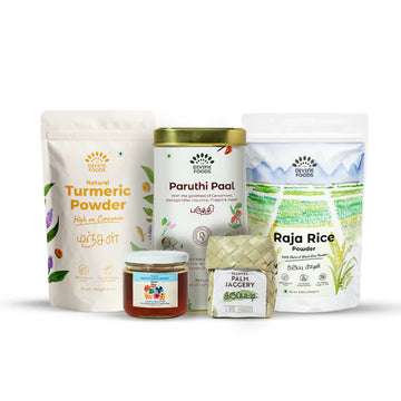 Kitchen Essentials Combo (Paruthi paal, Palm Jaggery, Turmeric Powder, Multifloral Honey, Raja Rice Powder)