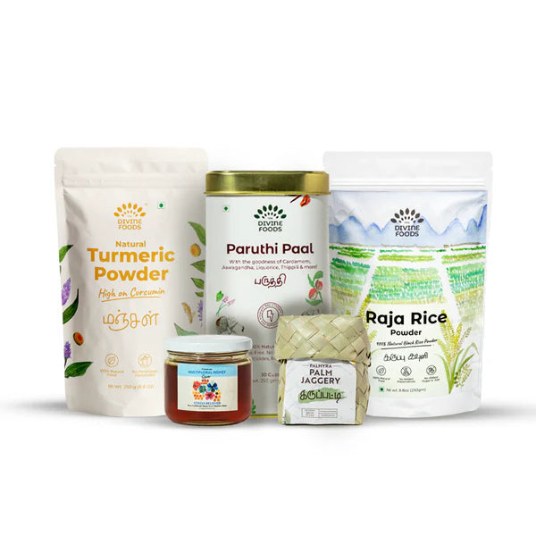 Kitchen Essentials Combo (Paruthi paal, Palm Jaggery, Turmeric Powder, Multifloral Honey, Raja Rice Powder)